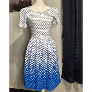 LuLaRoe Elegant Blue and White Women's Dress W/ 2 Sode Pockets & Zip Up Back